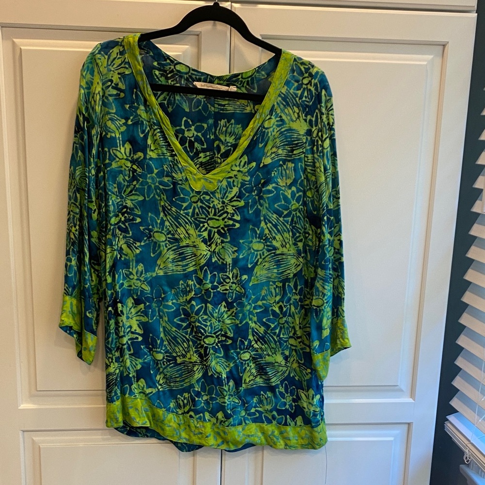 Soft Surroundings Blue and Green Floral Blouse
